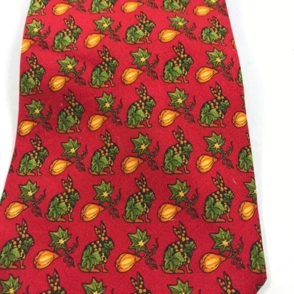 Salvatore Ferragamo Tie Red Green Rabbits  3-3/4" Wide 58" Length - Picture 1 of 9